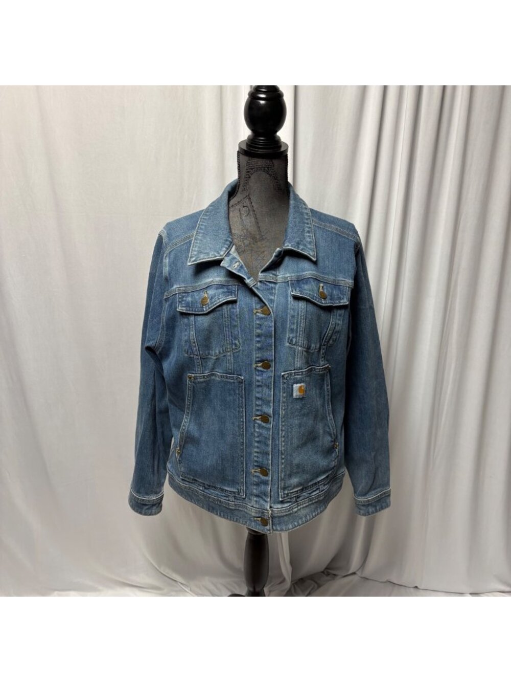 Carhartt Jean Jacket Womens XL Denim Button Front Pockets Adjustable Side Tabs